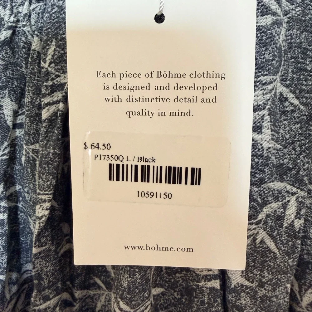 NEW $64 Bohme Womens L Smocked Tiered Wide Leg Pant Black Leaf Print Boho Resort